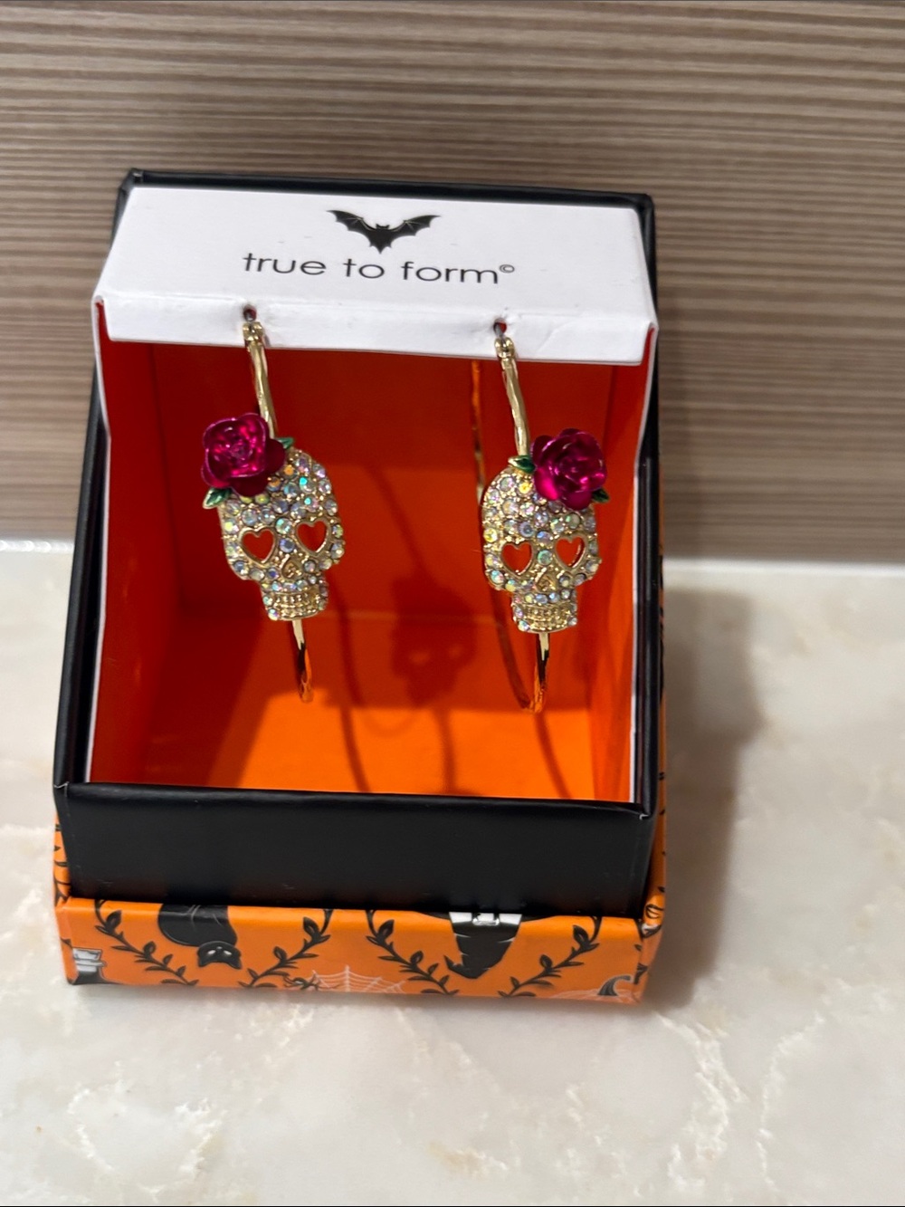 NIB Gold Tone Pink Rose Crystal sugar Skull Hoop Earrings